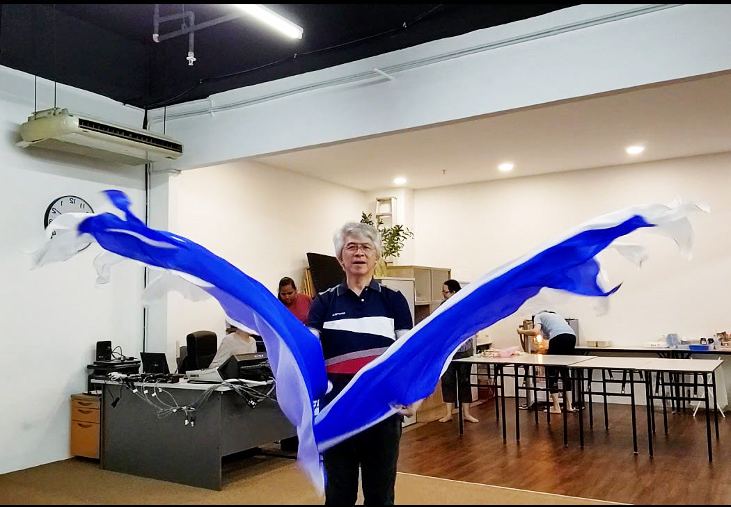 Malaikat sayap dua lapisan (biru/putih) sutera pujian dan menyembah bendera WF43X7055